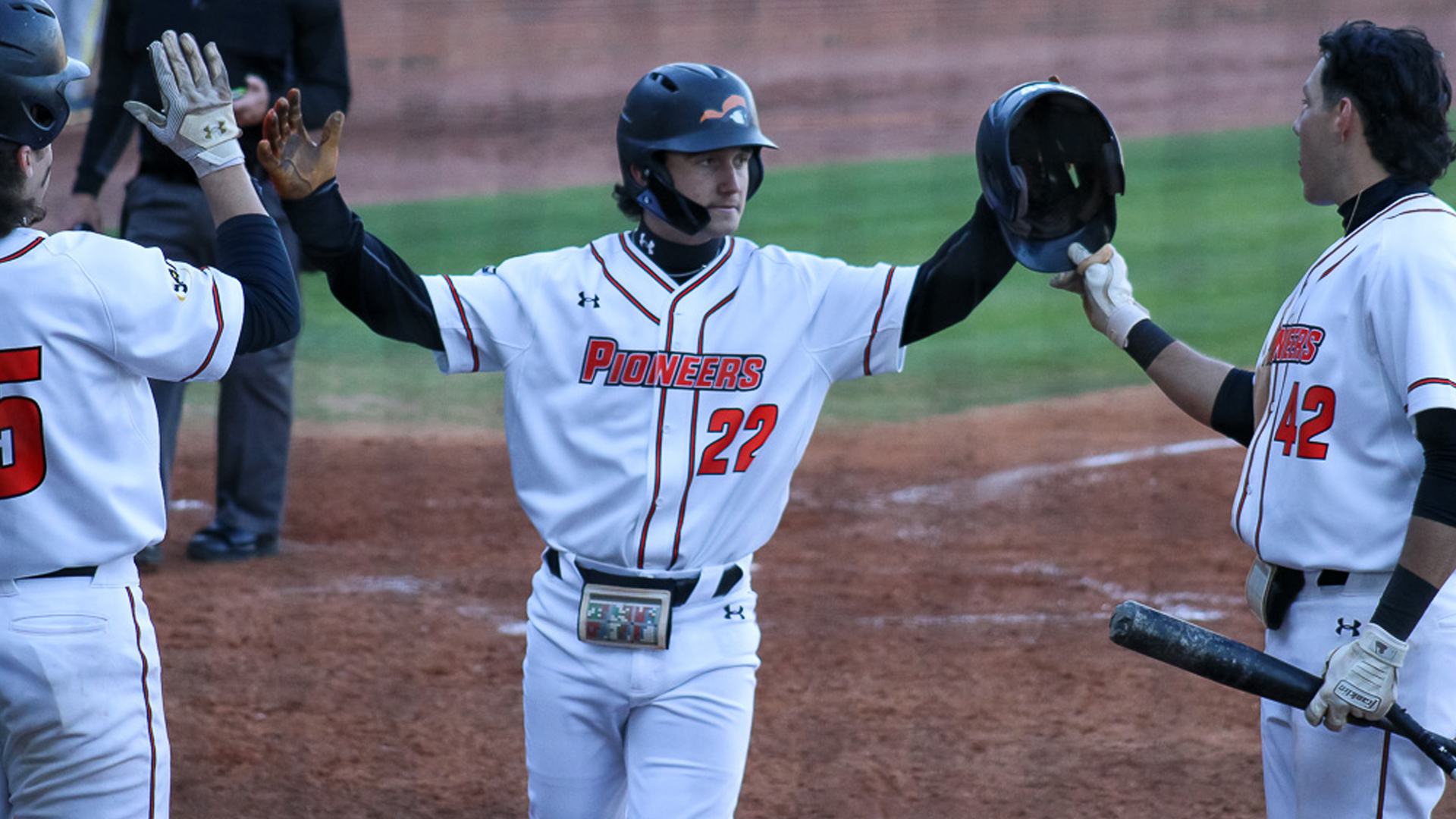 Zane Keener celebrates his 5th inning homer in Tusculum's 11-5 win over Limestone (photo by Kari Ham)