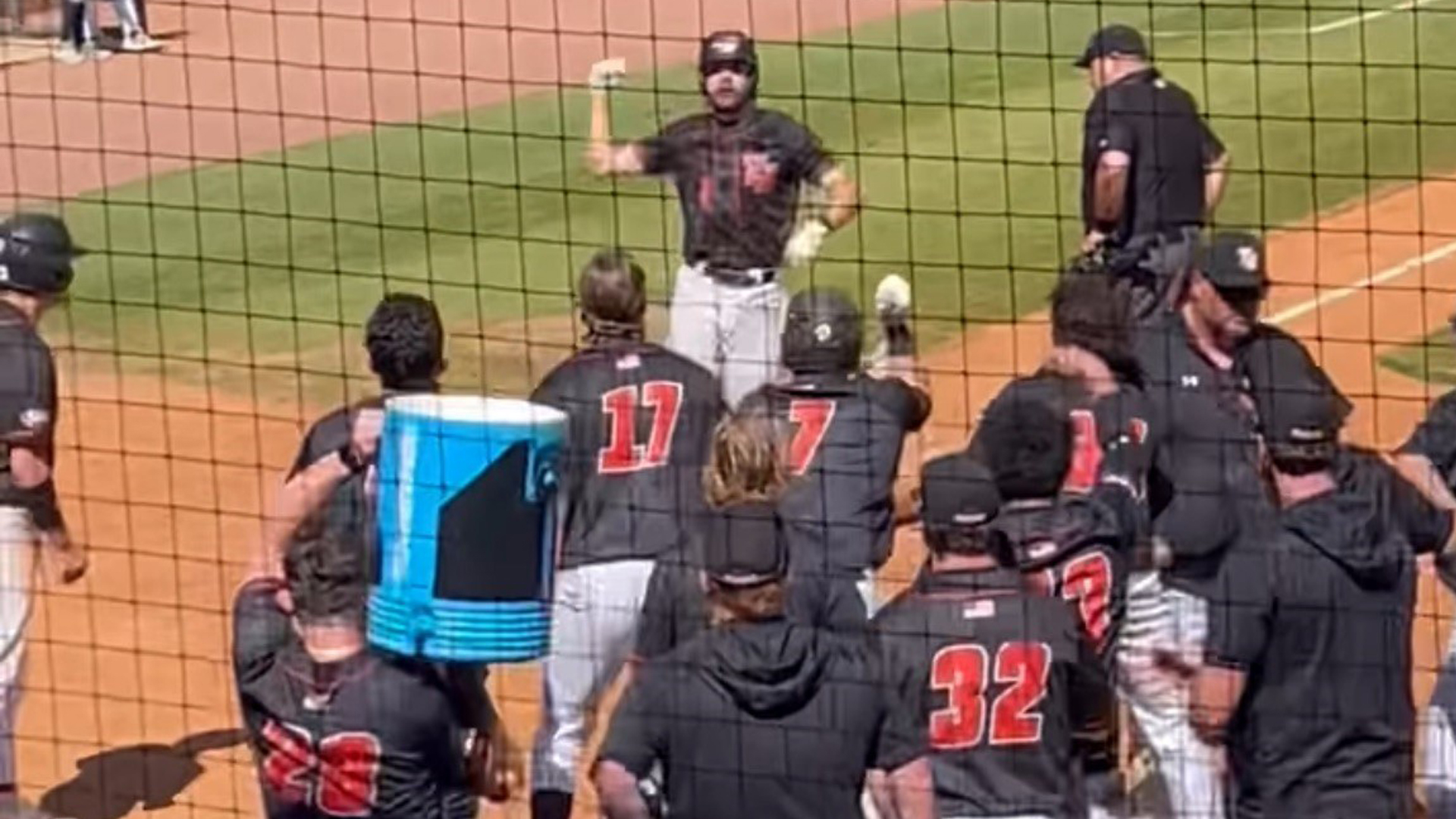 Murphy Flood is greeted at home plate following his 3-run walkoff homer in TU's 9-7 win over UVA Wise.