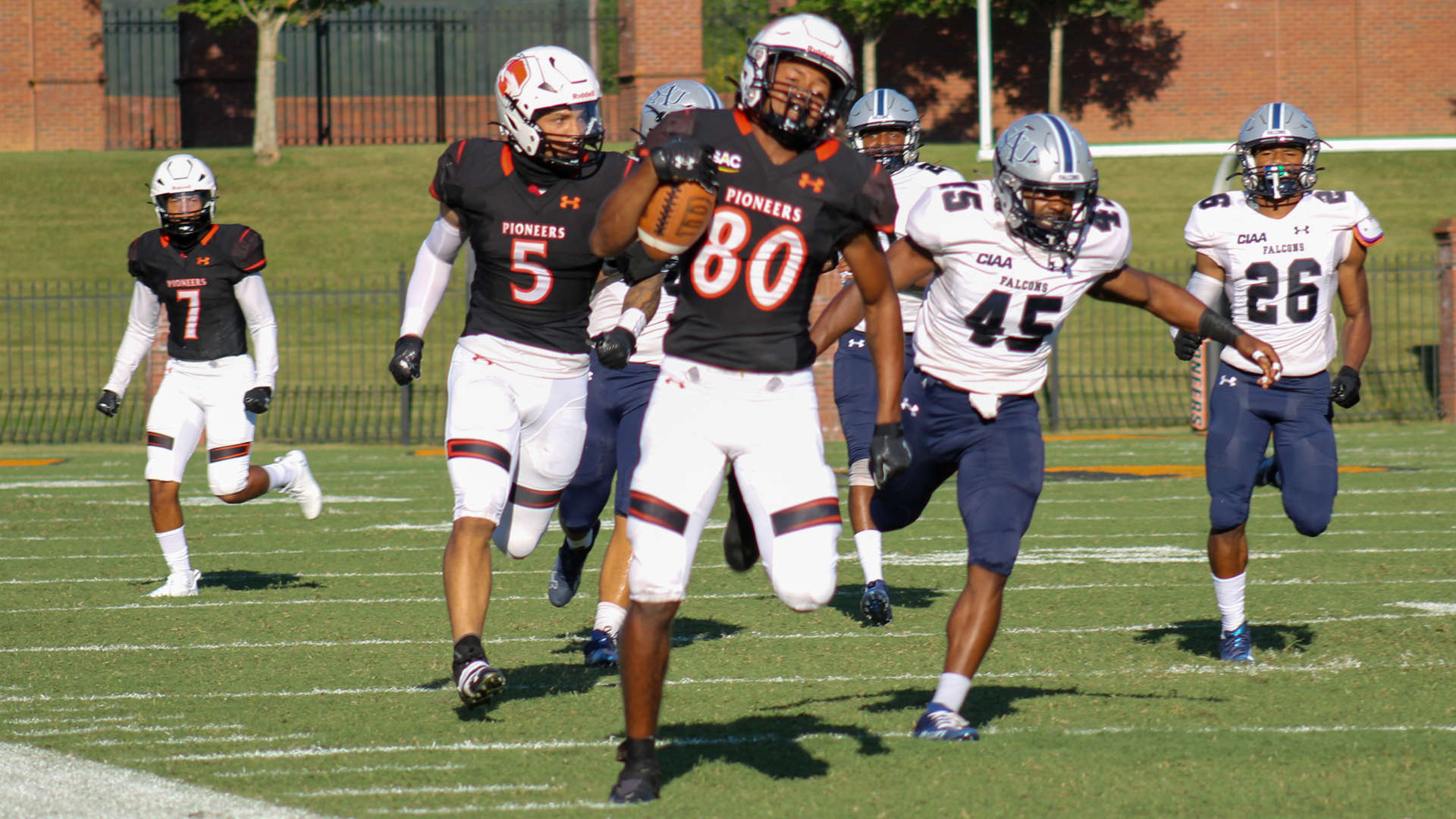 Eddie Watson scores on this 60-yard punt return as Tusculum defeated St. Augustine's 70-13 (photo by Kari Ham, student photographer)
