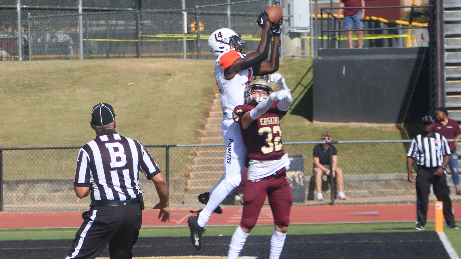 Zaron Collins scored two touchdowns including this 30-yard TD catch in Tusculum's 52-14 win over Erskine (photo by Dom Donnelly)