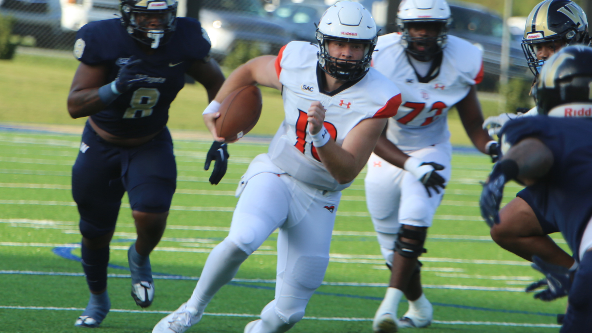 Matthew Palazzo rushed for two touchdowns and passed for another in Tusculum's 23-21 win over No. 24 Wingate (photo by Dom Donnelly)