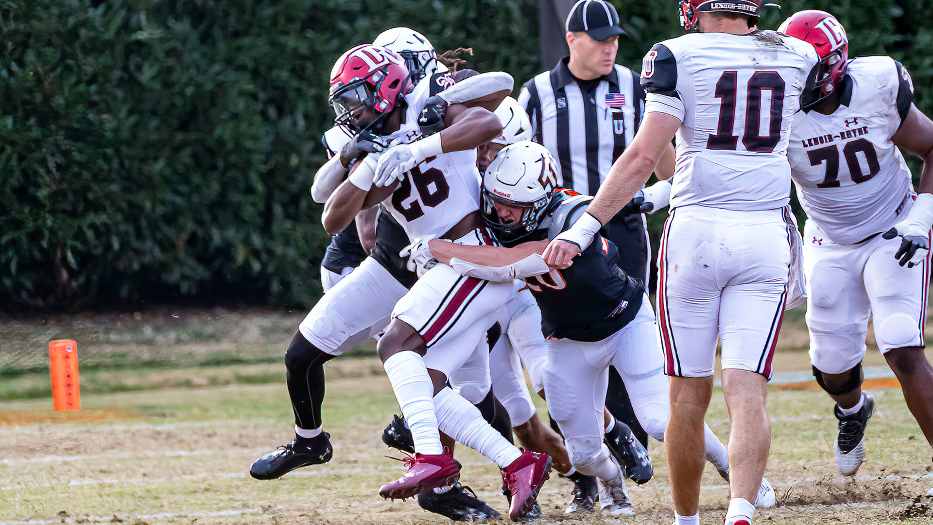 Wesley Scott recorded a season-high 14 tackles for the Pioneers vs No. 15 Lenoir-Rhyne in the SAC Championship (photo by Chuck Williams)