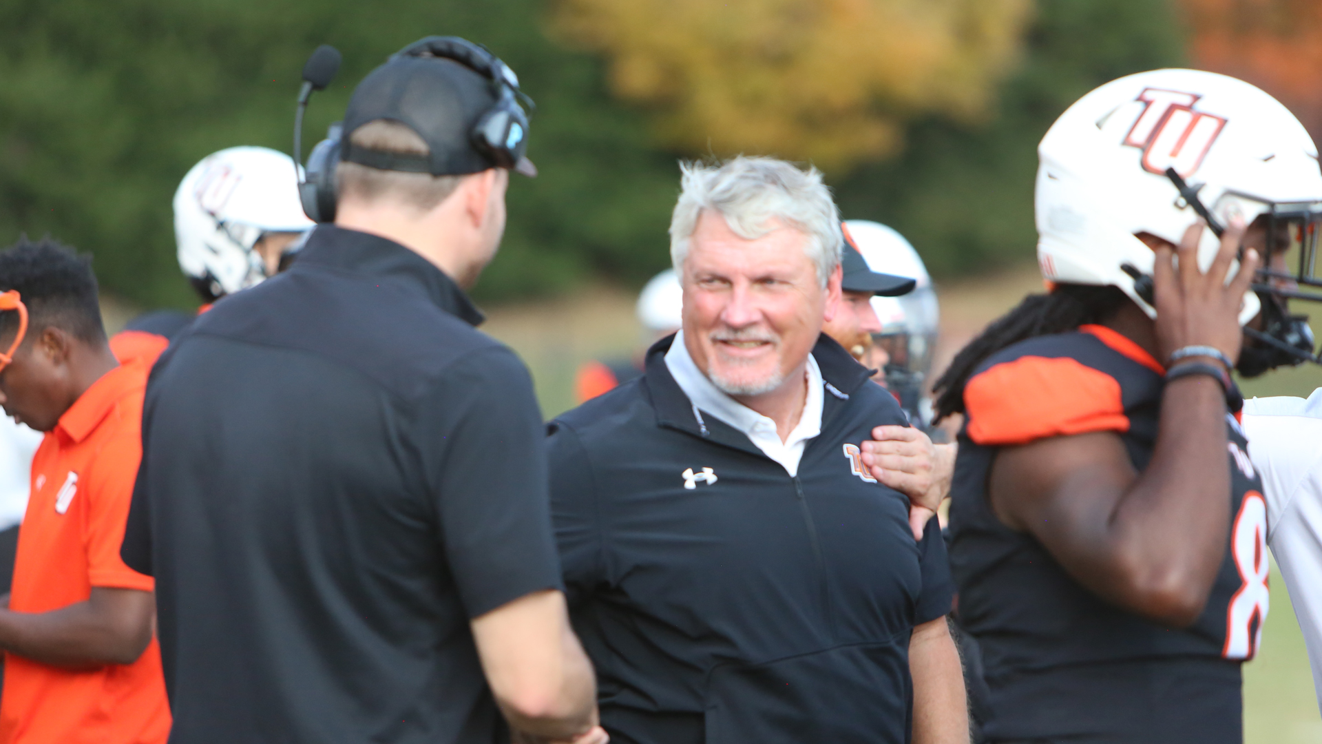 Coach Billy Taylor recorded his first collegiate win in Tusculum's 30-28 victory over Anderson (photo by Dom Donnelly)