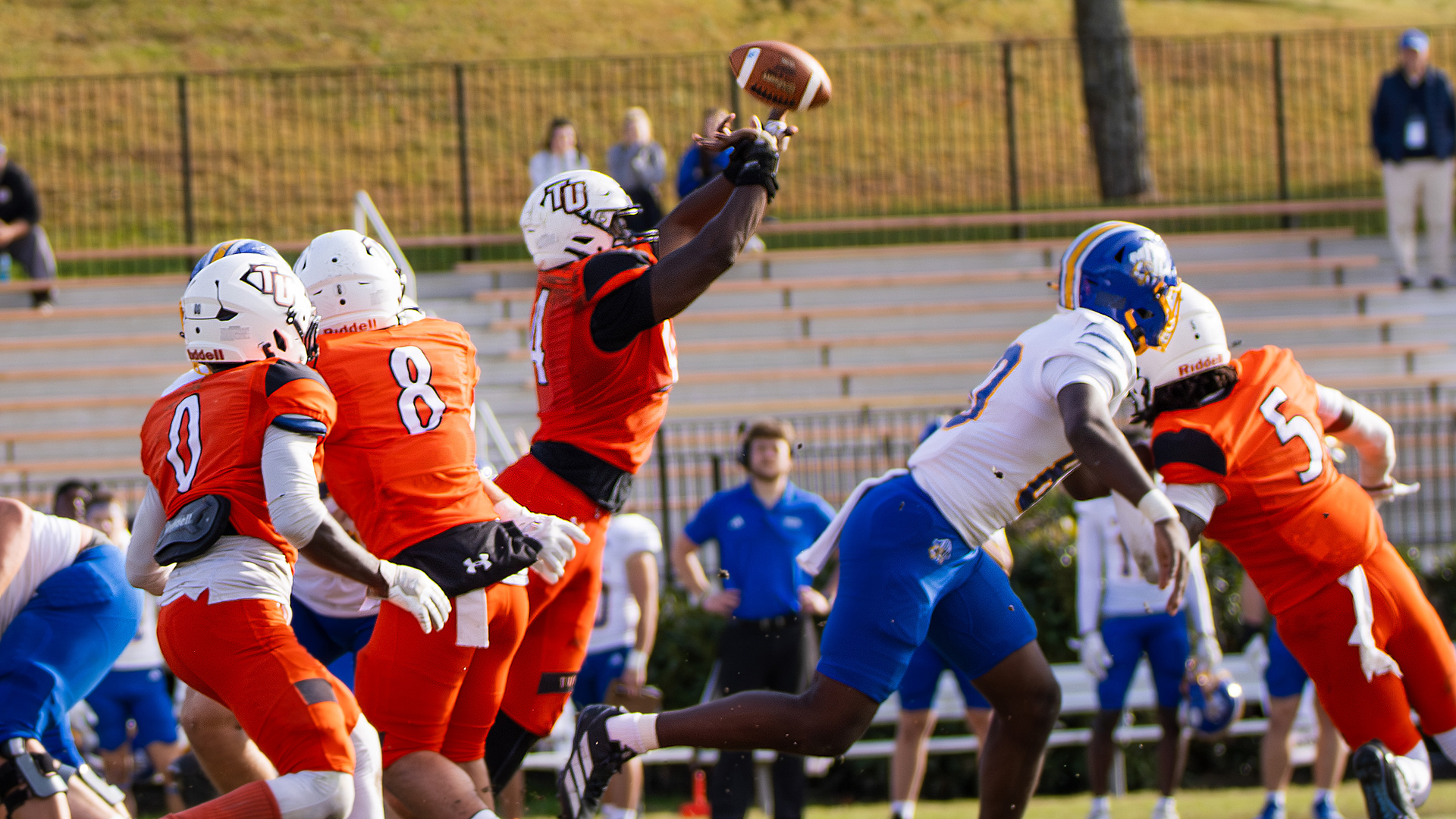Solomon Maosa blocks this field goal in the second half against Mars Hill (photo by Kari Ham)