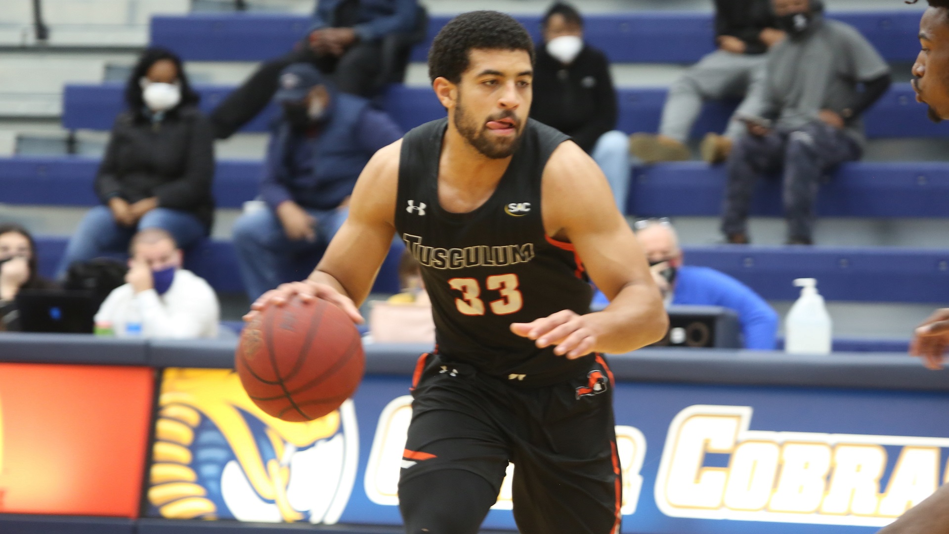Trenton Gibson led the Pioneers with 16 points at Coker (photo by TU Athletic Communications)