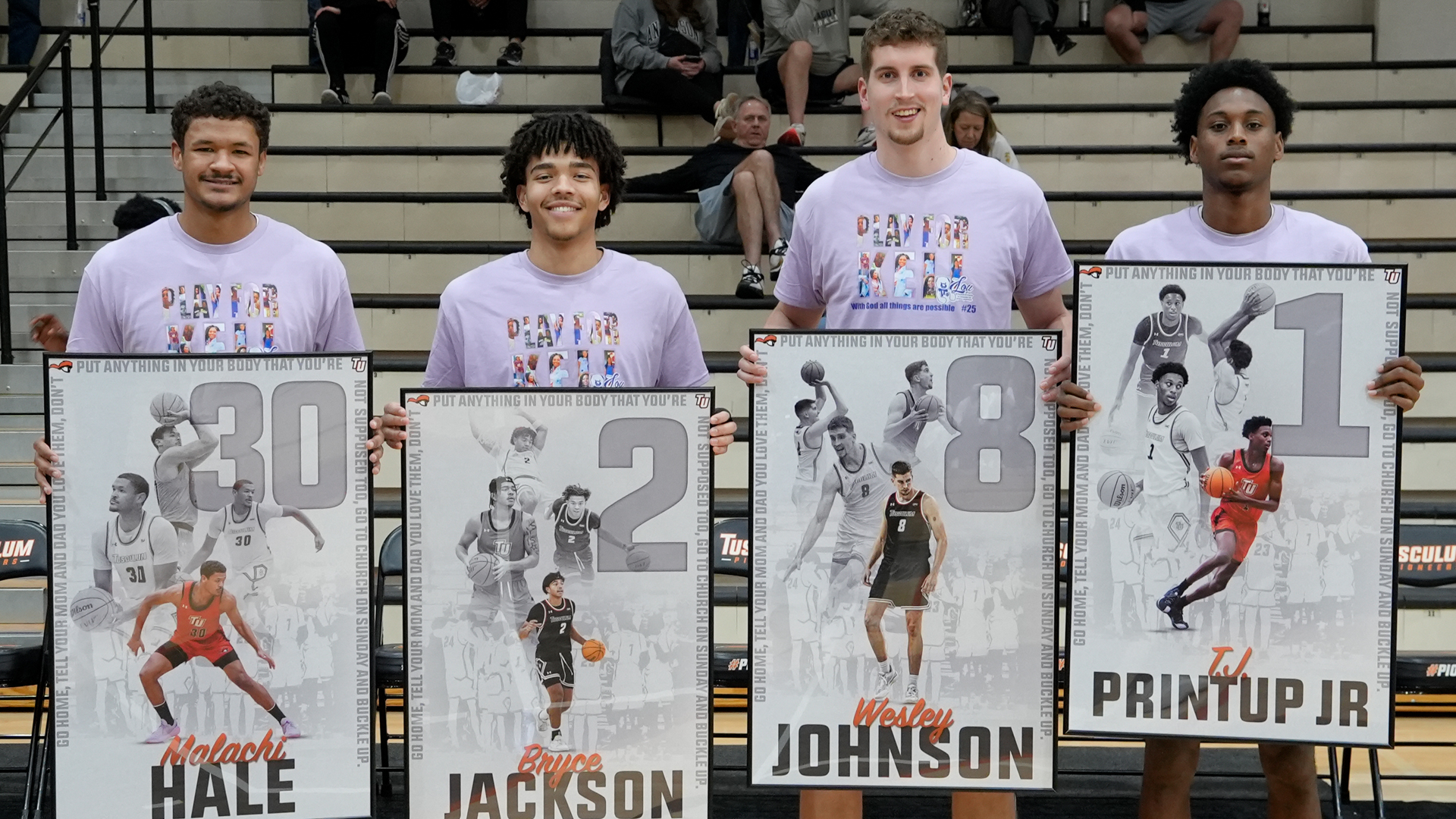 2026 Men's Basketball Seniors: Malachi Hale, Bryce Jackson, Wesley Johnson, TJ Printup (photo by Joe Yates)