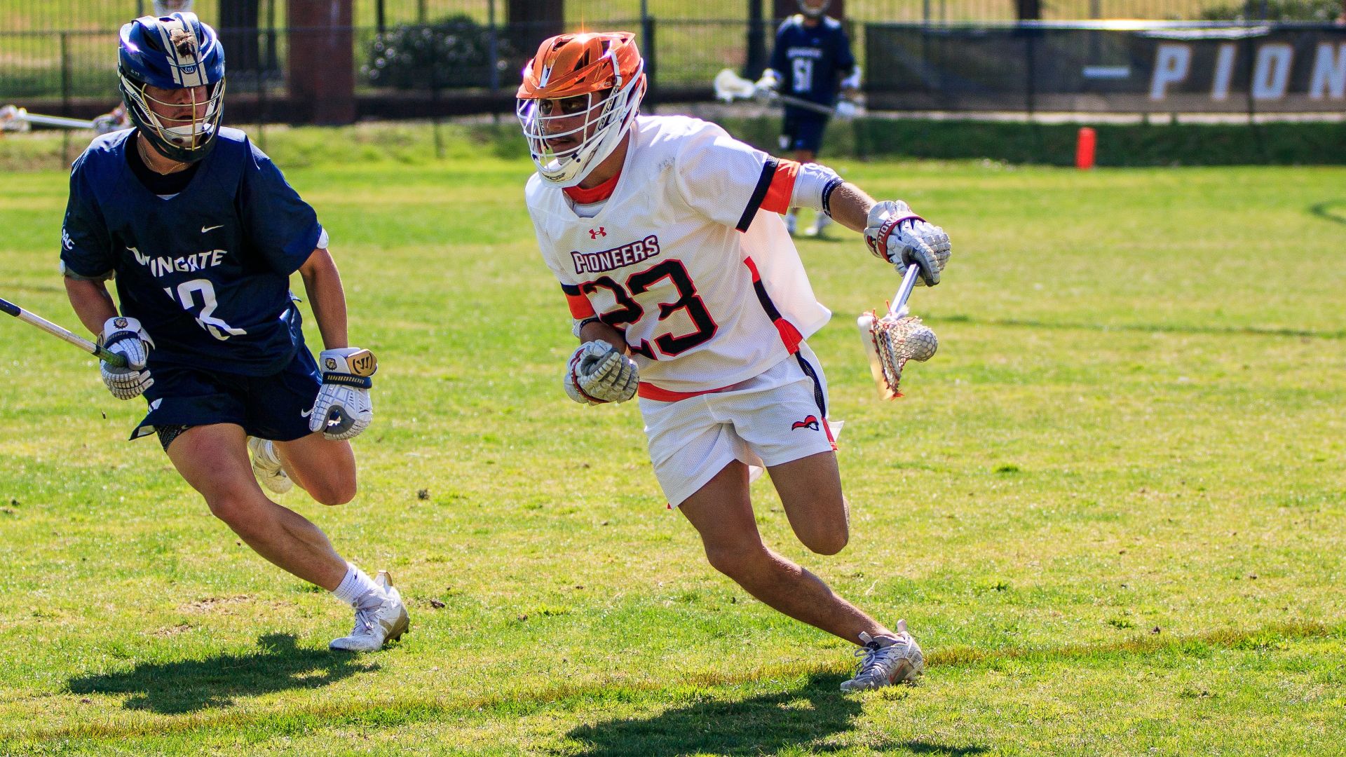 Jayden Rios led the Pioneers with seven ground balls against Wingate (photo by Kari Ham)