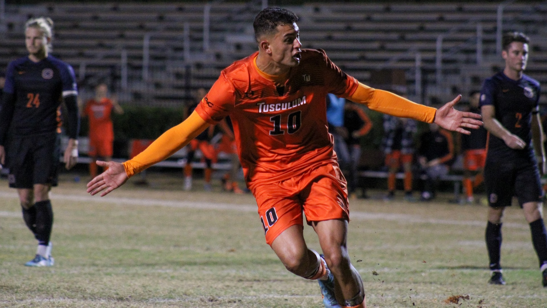 Ignacio Alconchel celebrates his penalty kick goal which gave the Pioneers a 4-1 lead (photo by student photographer Kari Ham)