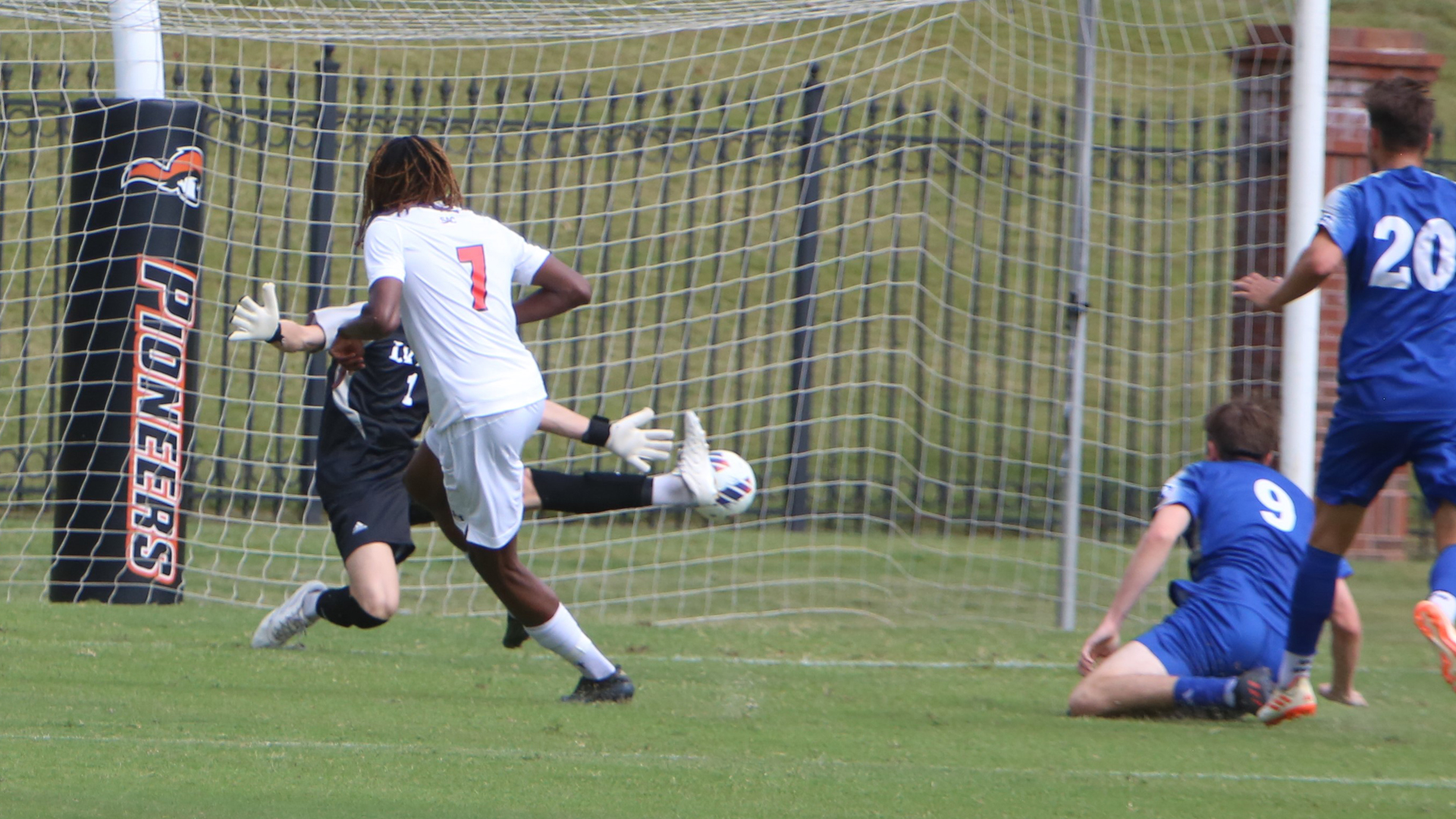 Clarenns Sainrimat scores his first collegiate goal in the 19th minute against Lynn (photo by Dom Donnelly)