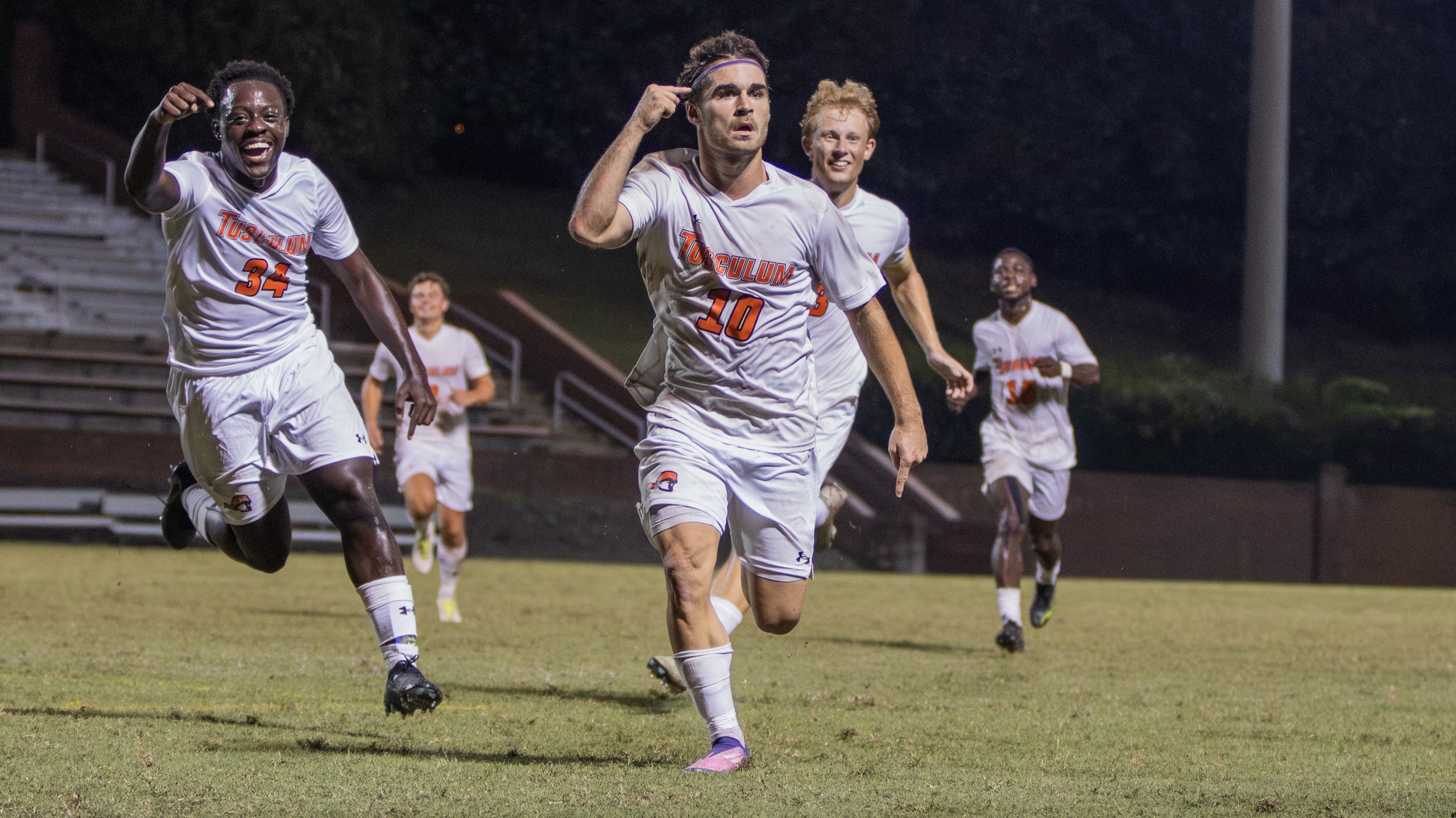 Hugo Le Floch celebrates after scoring on a free kick with 14:54 left in the Pioneers' 2-1 win over Lincoln Memorial (photo by Kari Ham)