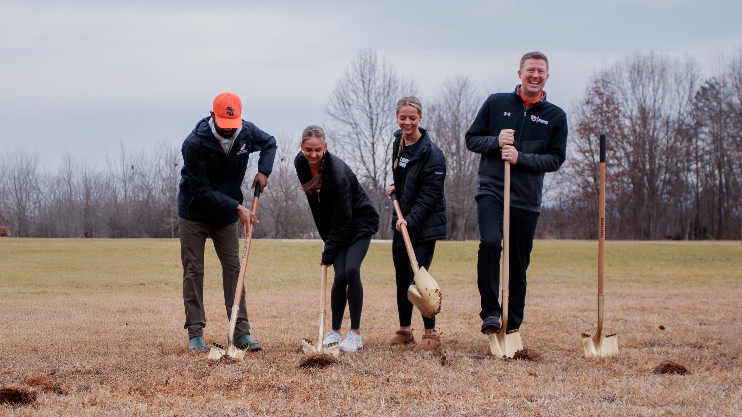 Tusculum representatives at Friday's ground-breaking ceremonies for the new community track &amp; field complex. (Left-Right): Head cross country coach Alaric Gwynn, Skyler Shinn, Ruby Graves and Vice President of Athletics Josh Ealy.