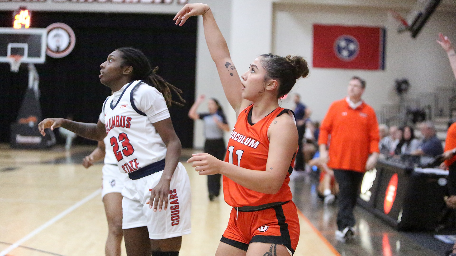 Monique Shim watches one of her five second-half three-pointers against Columbus State (photo by Dom Donnelly)