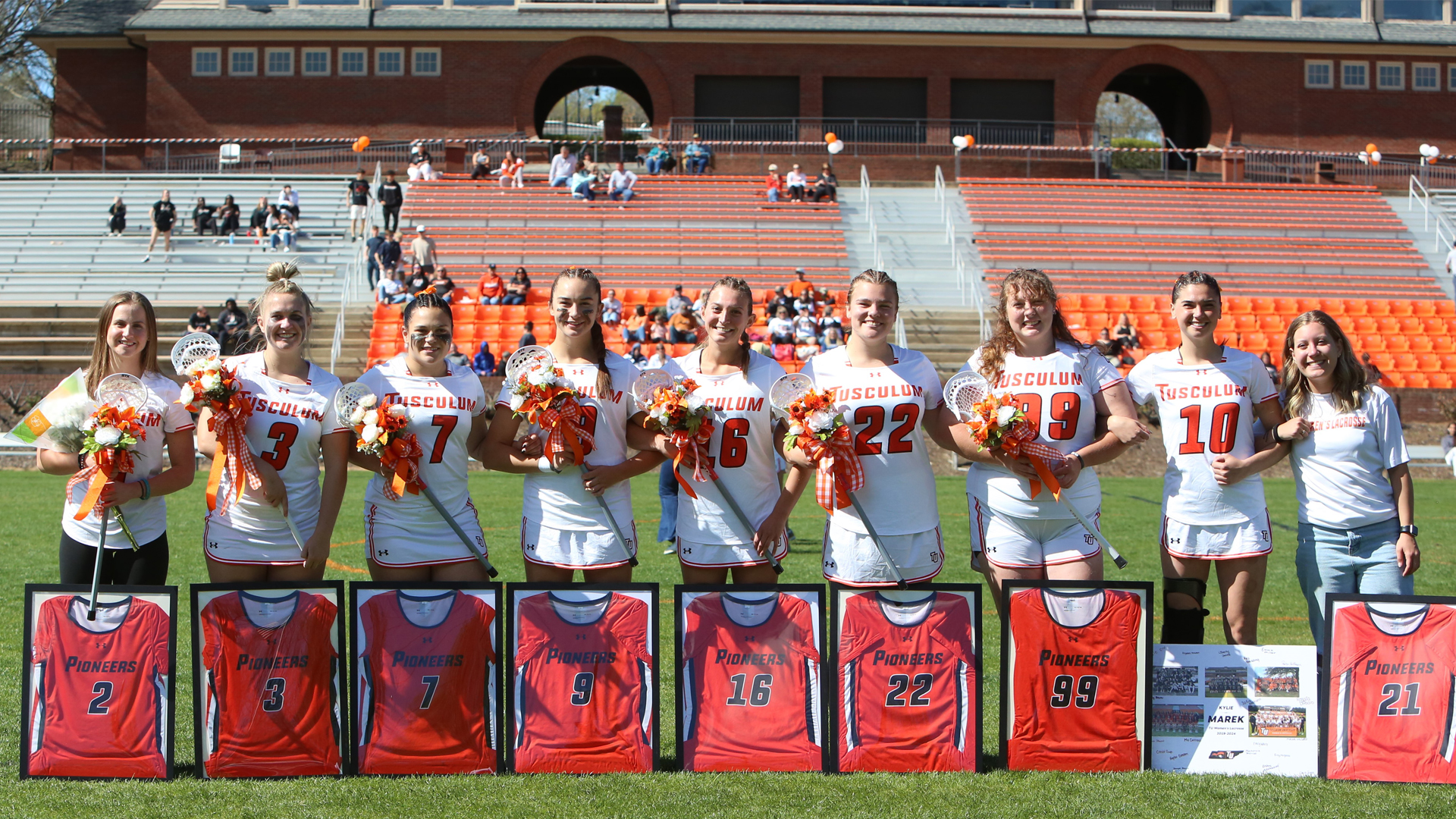 Celebrating Senior Day are (from left) Abby Lockwood, Haylee Cureton, Morgan Correia, Kira Spaulding, Emma Miller, Lucy Brewer, Kari Ham, Kylie Marek and team manager Evie Winfrey