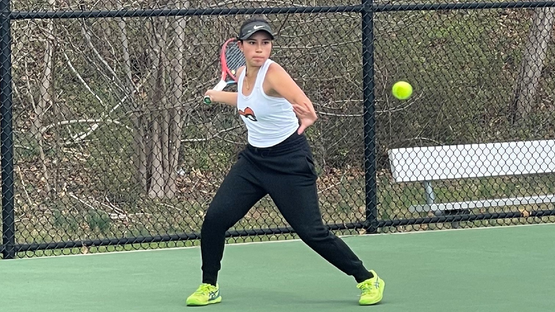 Valeria Diaz earned a 6-3, 6-3 win at flight four against Purdue Northwest (photo by Jim Miller)